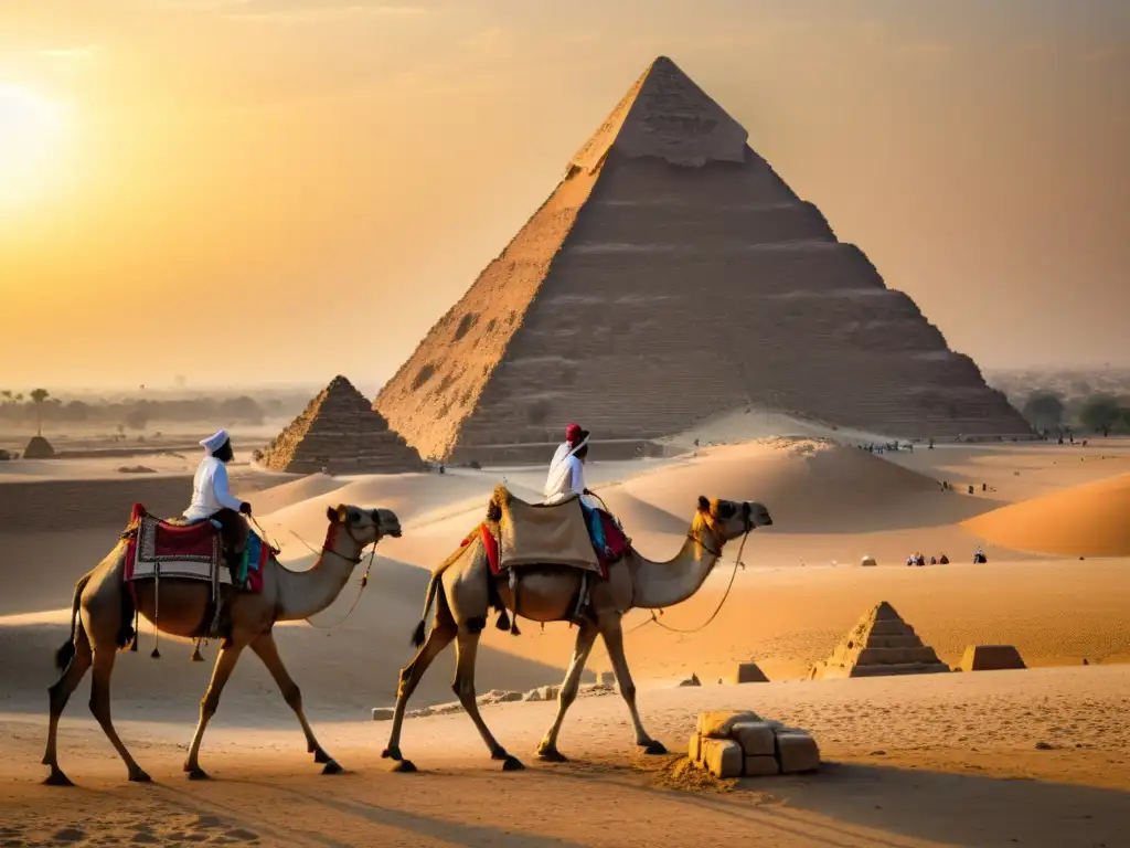 Panorámica impresionante de la Gran Pirámide de Giza al atardecer, con detalles y una caravana de camellos