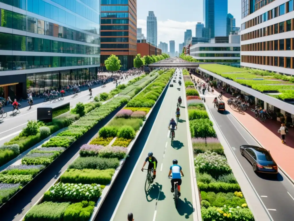 Papel bicicleta sistemas transporte alternativos: Fotografía urbana sostenible con diversidad de ciclistas, buses eléctricos y edificios verdes