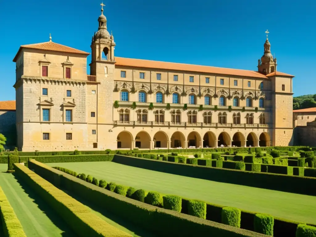 El Parador de Santiago de Compostela muestra su legado arquitectónico en una imagen vintage con su majestuosa fachada de piedra y detalles ornamentales, bajo un cielo azul y rodeado de exuberante vegetación