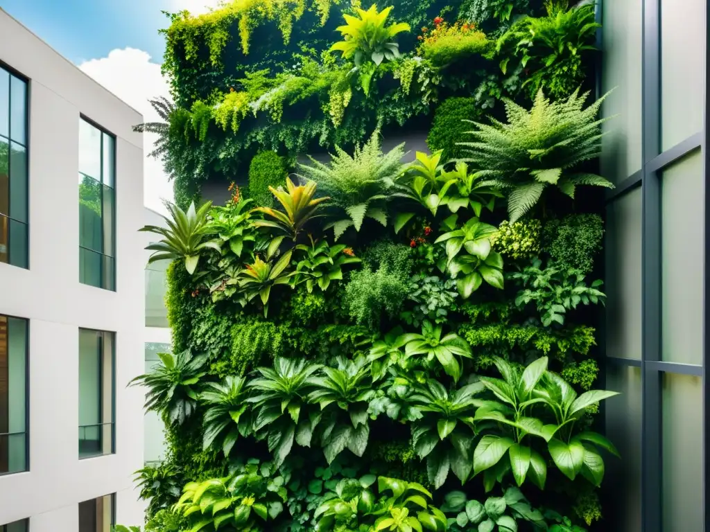 Un jardín de pared en arquitectura urbana: una sinfonía de vegetación exuberante y flores vibrantes, bañada por la luz del sol