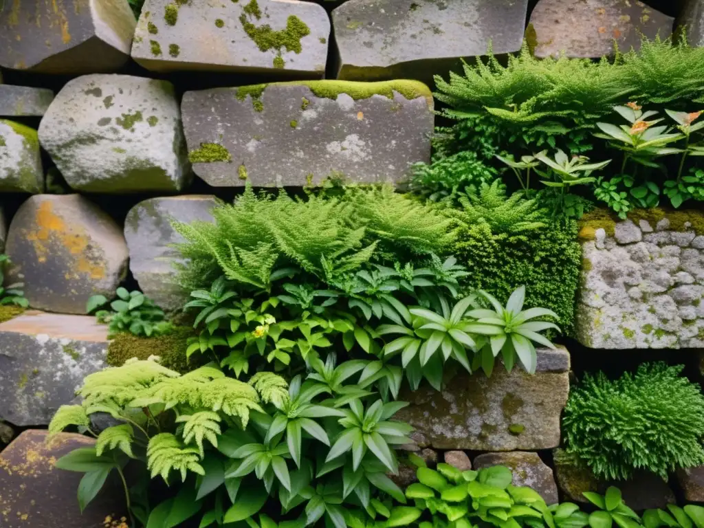 Una pared de piedra natural, construcción ecológica, con musgo y plantas, evocando durabilidad y belleza orgánica