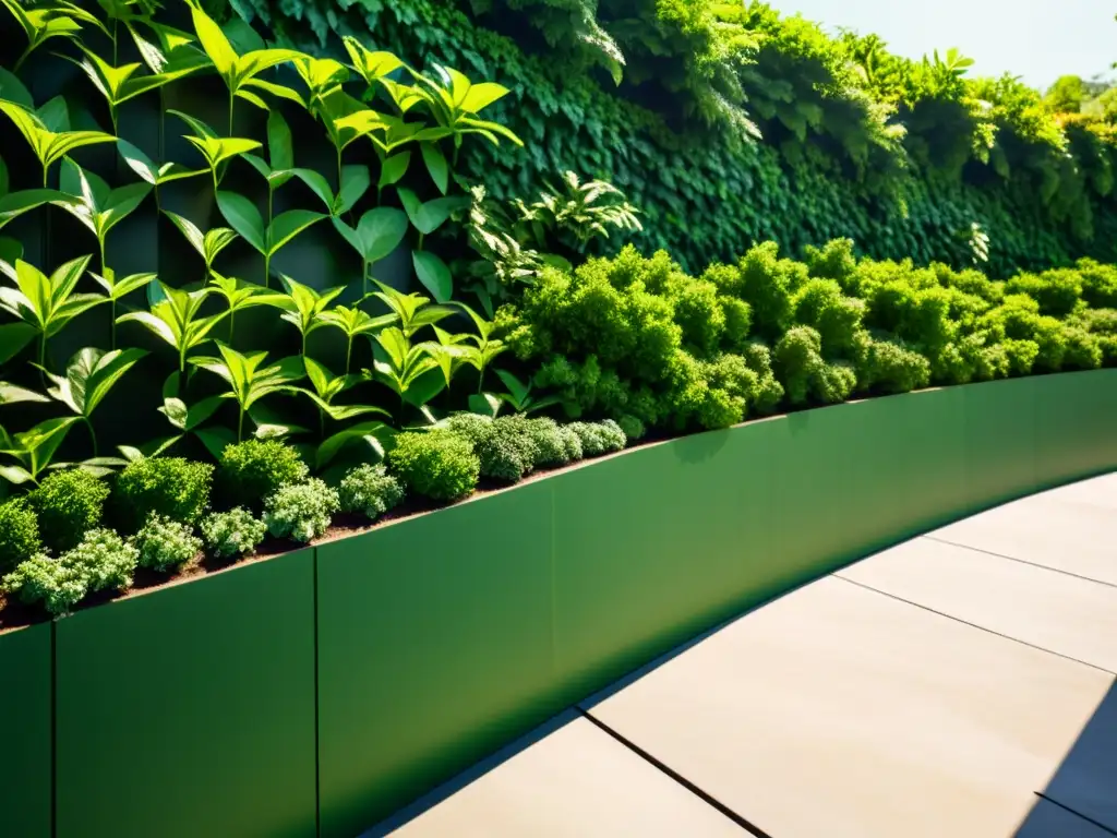 Una pared verde de plantas variadas, integración de la naturaleza en arquitectura, con luz solar filtrándose entre las hojas