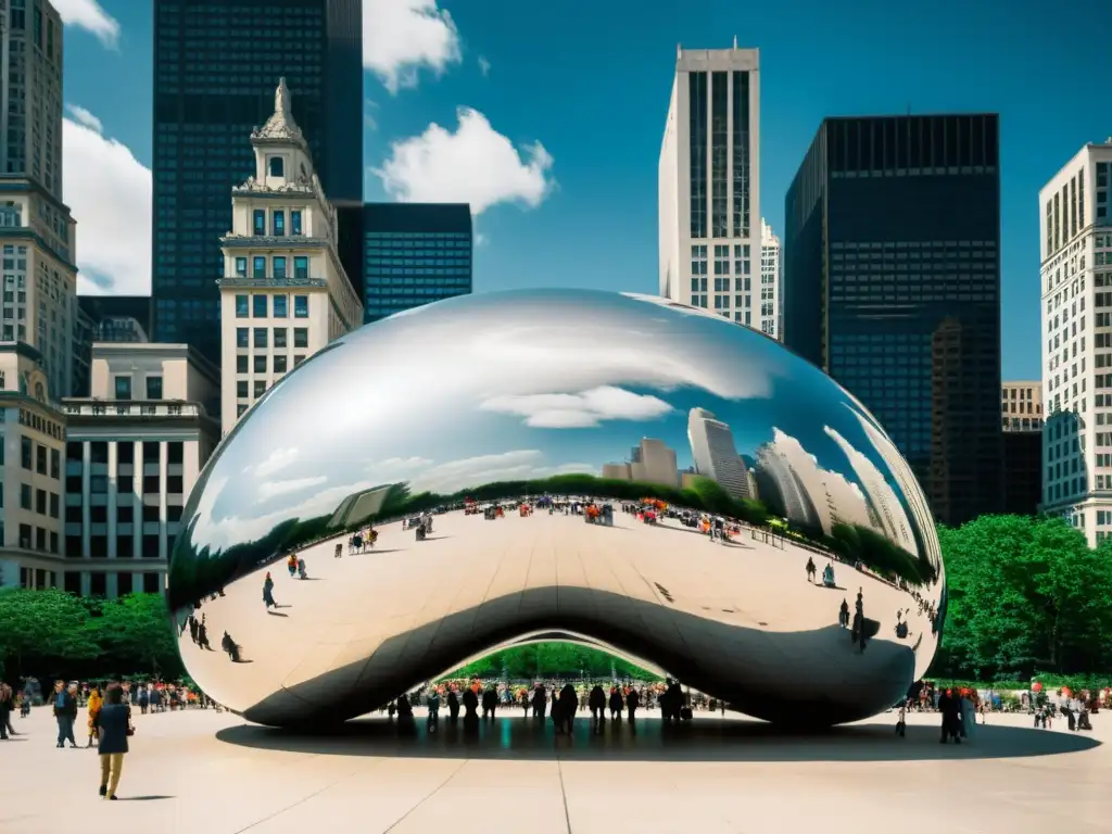 Escultura Cloud Gate en Parque Millennium, refleja la ciudad y la integración artística, natural y urbana en un oasis sostenible