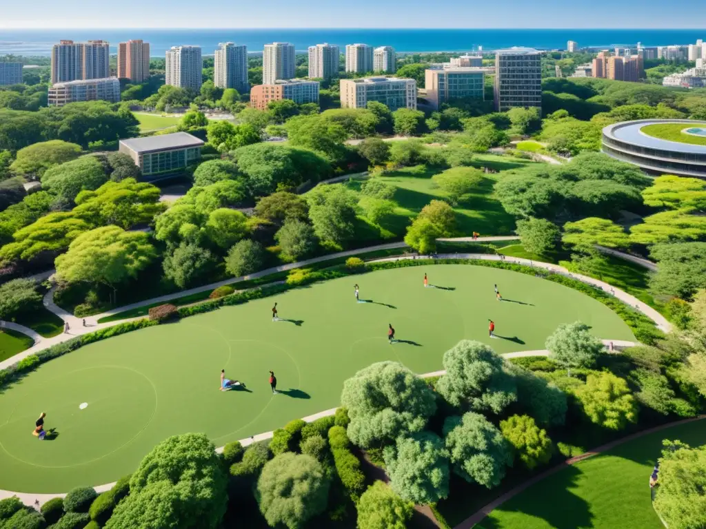 Un parque urbano verde vibrante, con gente haciendo yoga, jogging y picnic