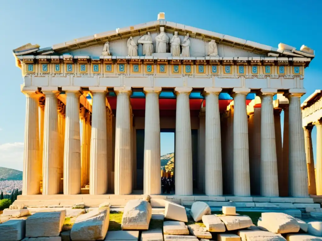 El Parthenon en Atenas, Grecia, muestra su belleza con colores vibrantes, resaltando el uso del color en arquitectura clásica