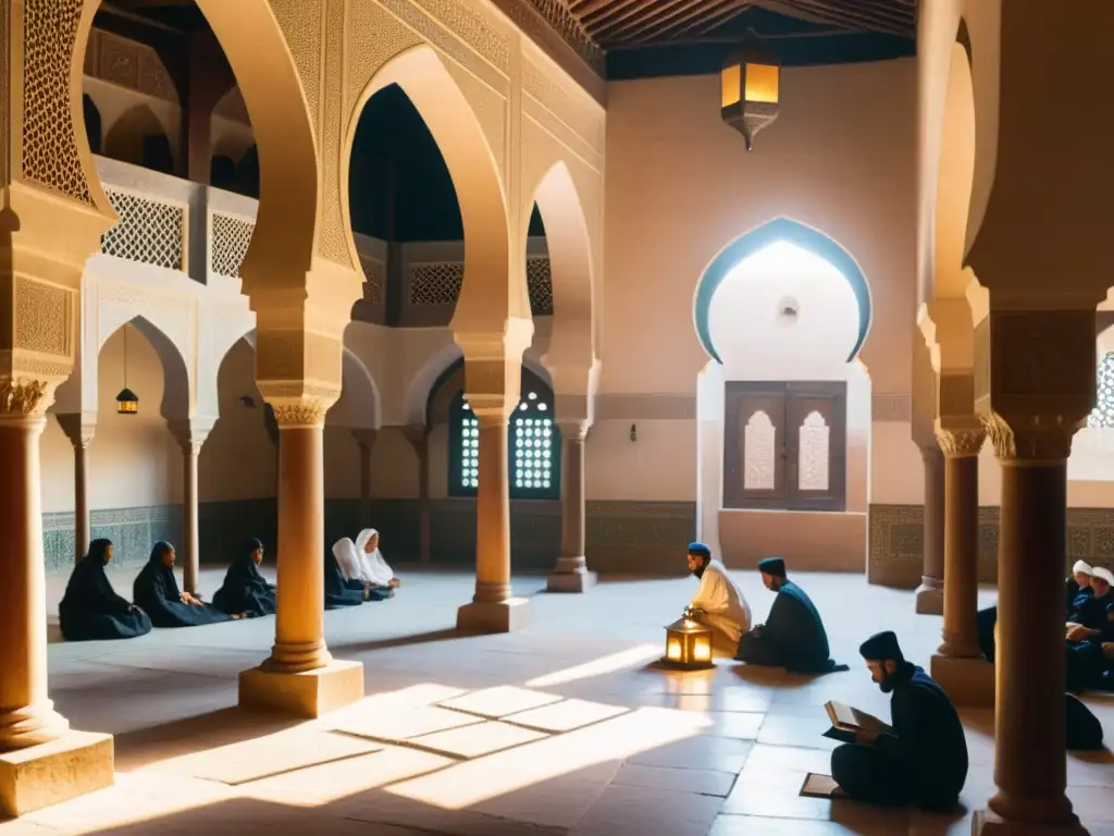 Un patio bullicioso en una madrasa islámica con estudiantes y maestros discutiendo, rodeados de intrincados azulejos