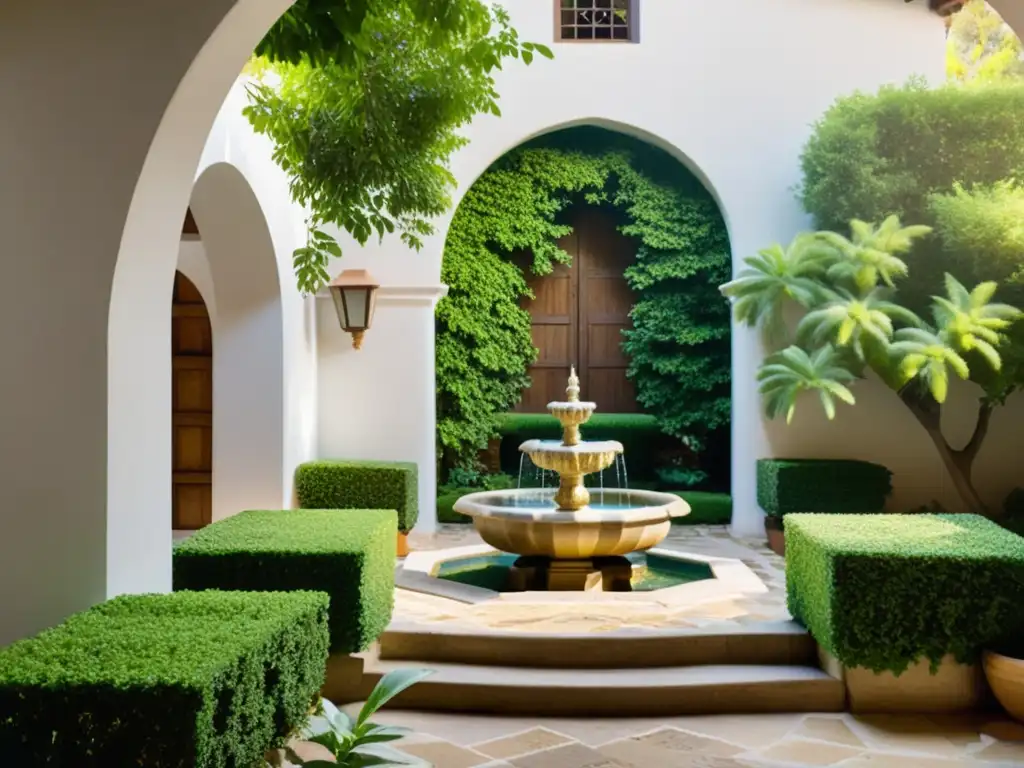 Un patio español tradicional con una fuente de piedra y azulejos rodeada de vegetación