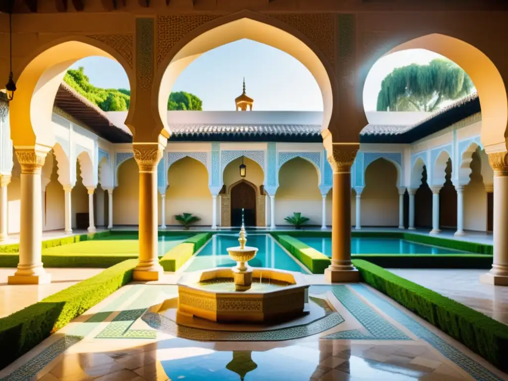 Un patio islámico con arcos y fuente, bañado por una cálida luz dorada