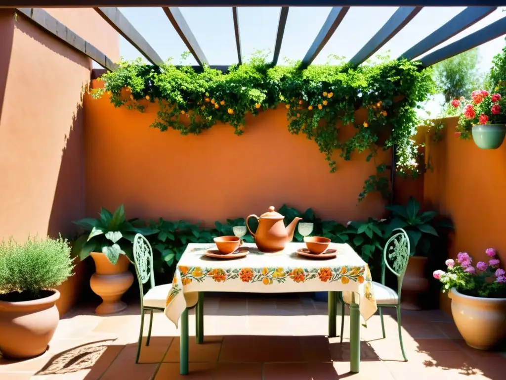 Un patio mediterráneo con azulejos terracota, mesa de hierro forjado bajo pérgola cubierta de enredaderas floridas