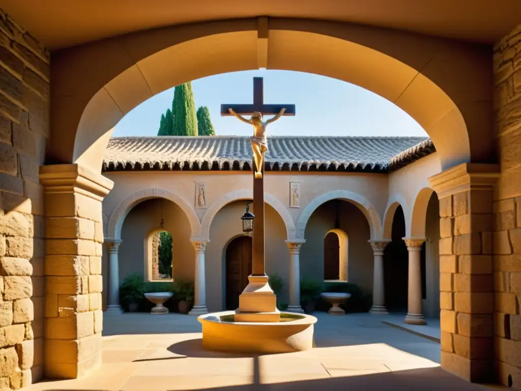 Un patio soleado rodeado de arcos de piedra y una imponente cruz, proyectando sombras dramáticas