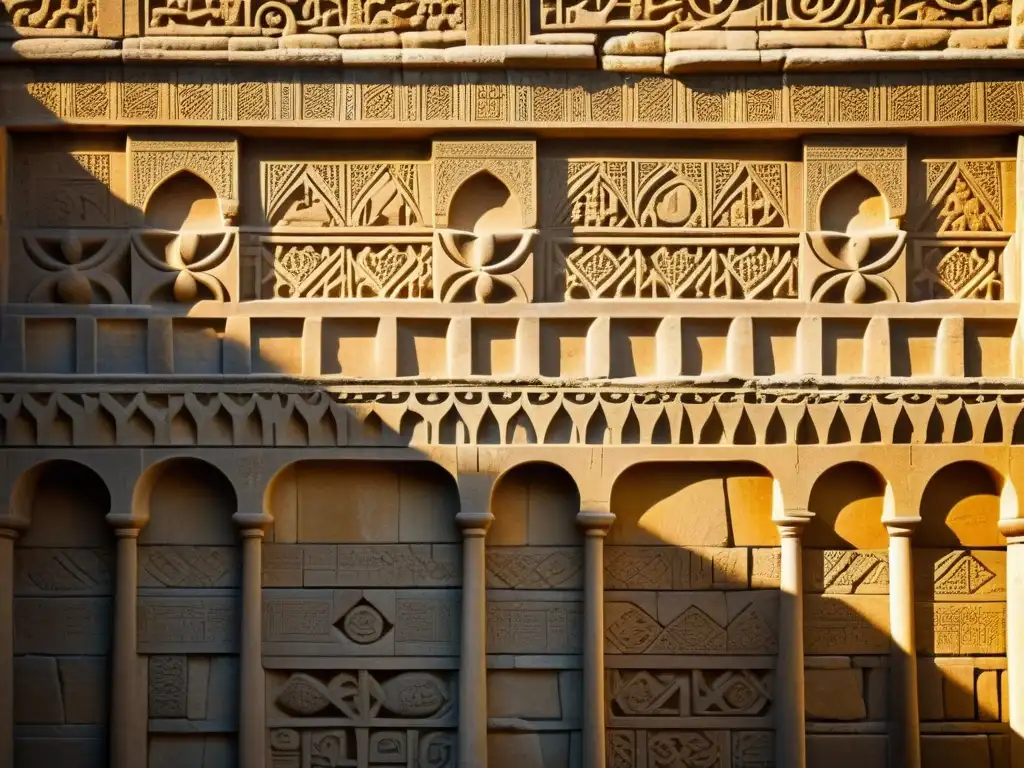 Una fotografía de alta resolución con patrones geométricos intrincados tallados en las paredes de un antiguo templo, bañados en cálido y dorado sol