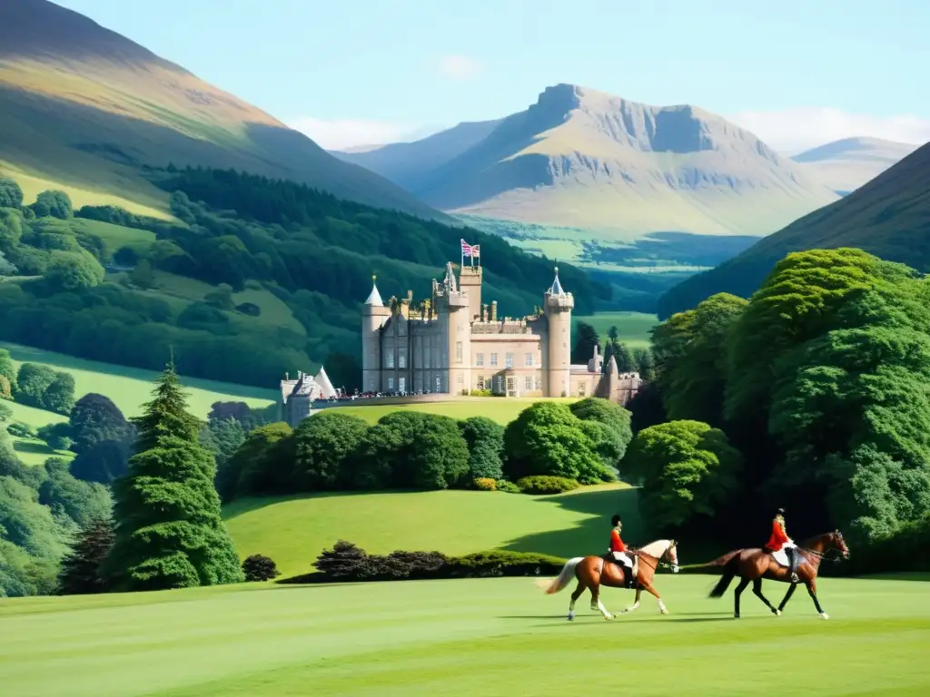 Una pintura vintage del Castillo de Balmoral en Escocia, rodeado de colinas verdes y un cielo azul