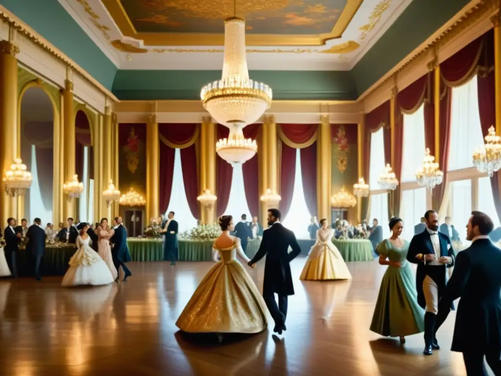 Una pintura vintage detallada en 8k de un elegante salón de baile del siglo XIX, con opulentos candelabros iluminando parejas bailando en un ambiente inspirado en el siglo XIX