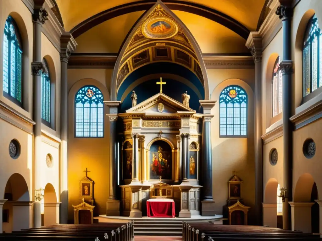 Una pintura vintage de alta resolución de la Capilla Medici, capturando la grandiosidad y calidez del interior en la era del Manierismo Florentino