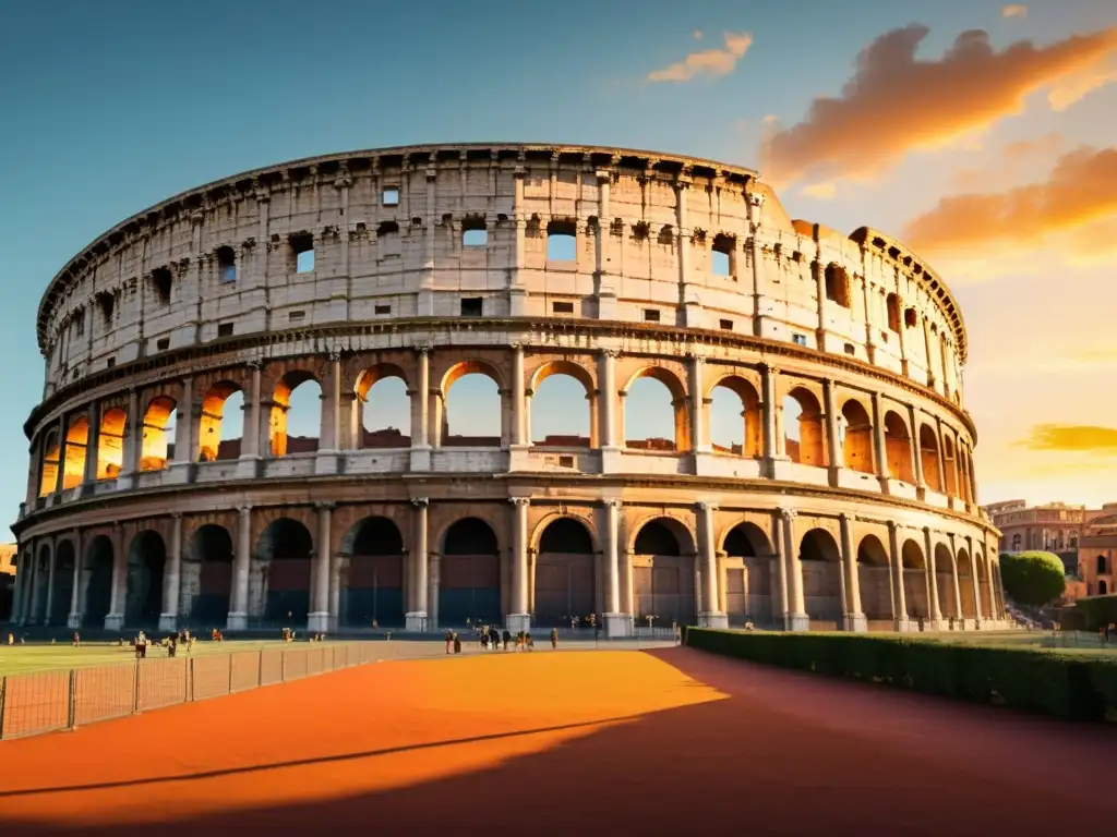 Una pintura vintage de alta resolución del Coliseo Romano al atardecer, con detalles intrincados de la arquitectura y la majestuosidad antigua