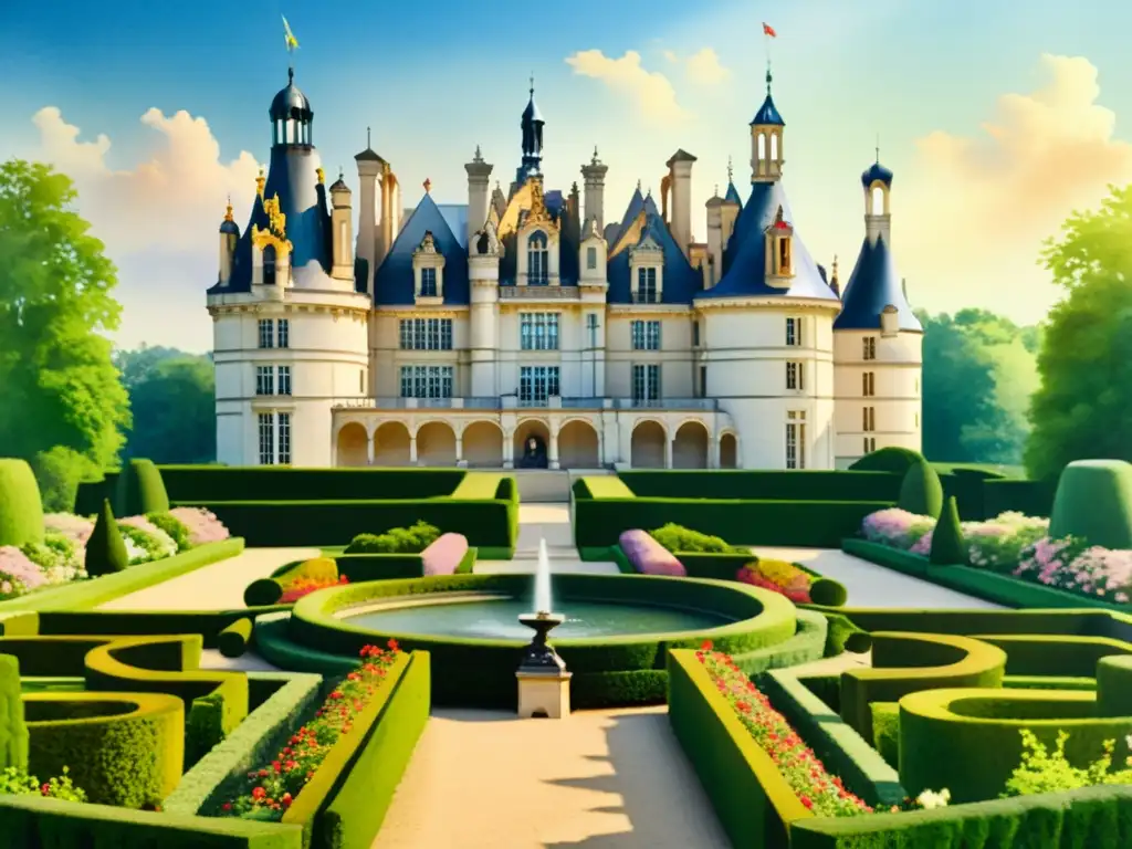 Una pintura vintage de Chateau de Chambord rodeado por exquisitos jardines del Renacimiento francés en Fontainebleau