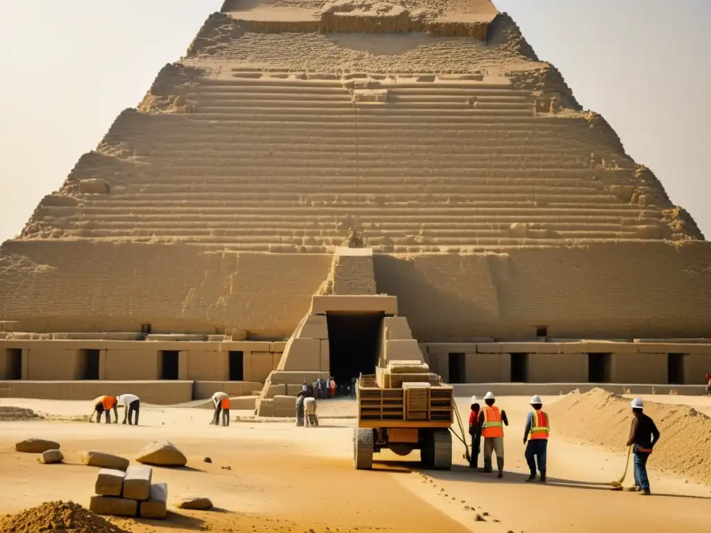 Ingeniería de las Pirámides de Giza: Antigua construcción de la Gran Pirámide con trabajadores y bloques de piedra en movimiento