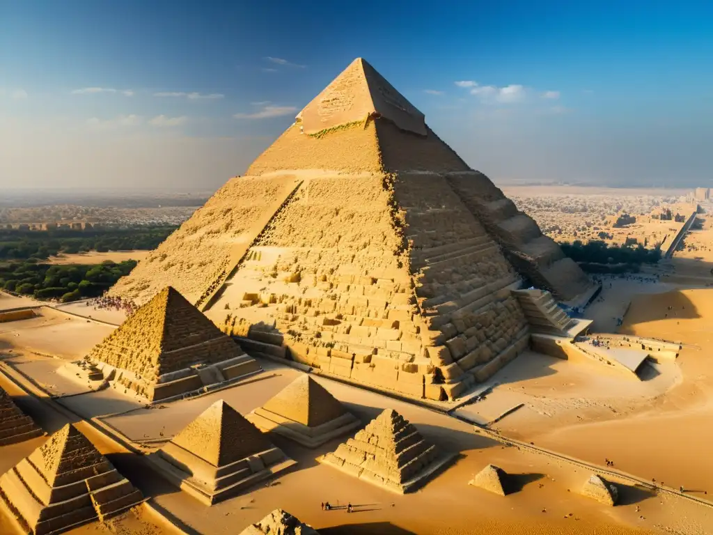 Ingeniería de las Pirámides de Giza: Detalles impresionantes de la Gran Pirámide, con sombras dramáticas bajo el sol y un cielo azul de fondo