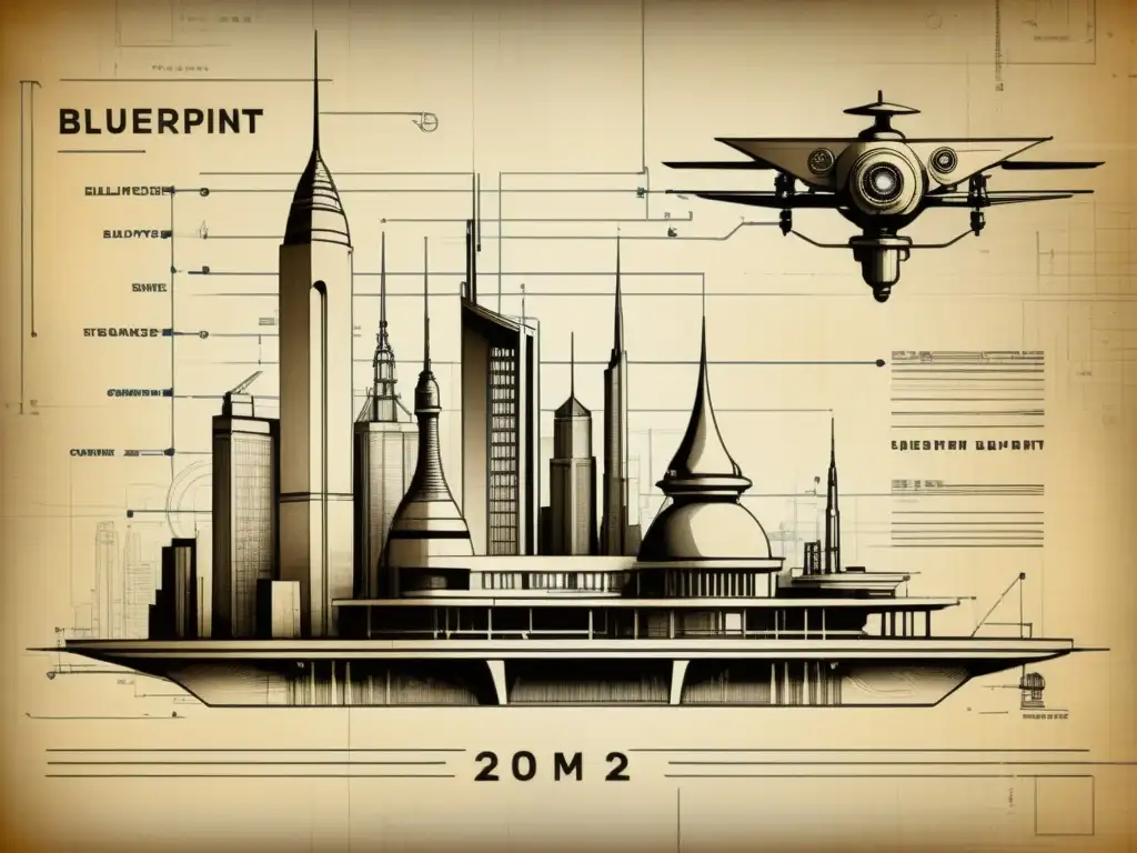 Un plano arquitectónico vintage con detalles intrincados, mostrando una ciudad futurista diseñada con inteligencia artificial