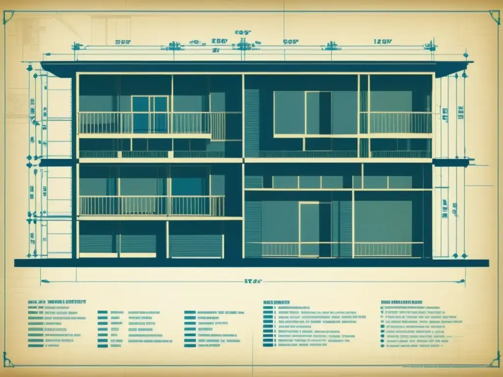 Un plano arquitectónico vintage de un edificio de cohabitación moderna, con detalles detallados y un encanto histórico