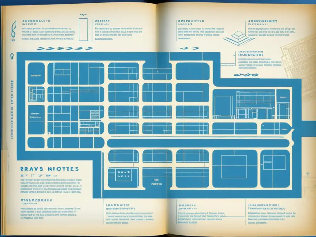 Un plano arquitectónico vintage destaca innovaciones en diseño universal accesible, en tonos sepia evocadores