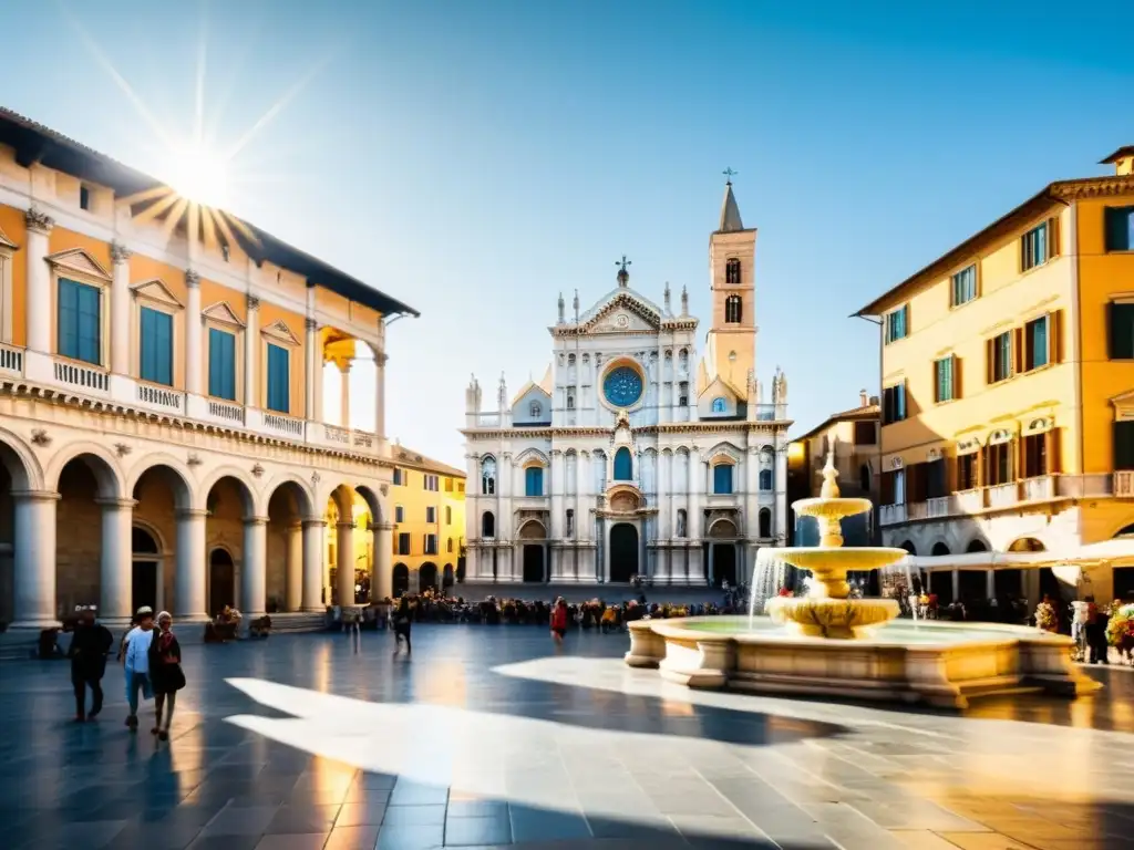 Plaza bulliciosa en Italia durante el Primer Renacimiento, con fuentes de mármol, arquitectura grandiosa y gente vestida con trajes de la época