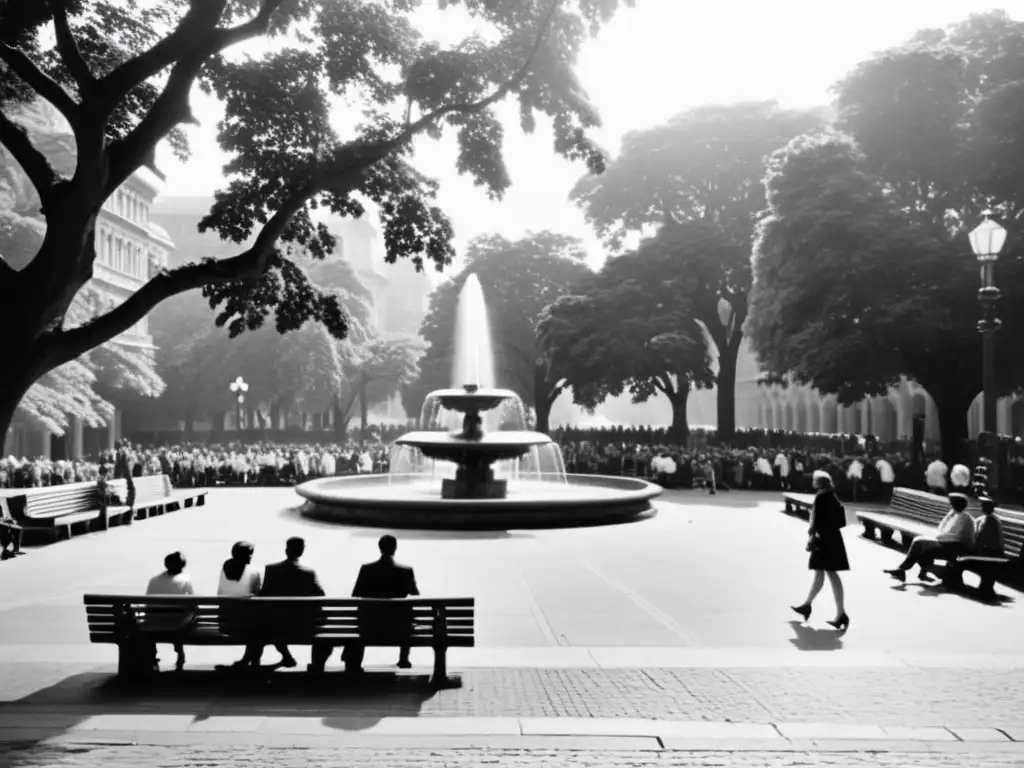 Plaza urbana con árboles altos, gente en bancos, arquitectura clásica y una fuente, mostrando la incorporación de elementos biofílicos en espacios públicos