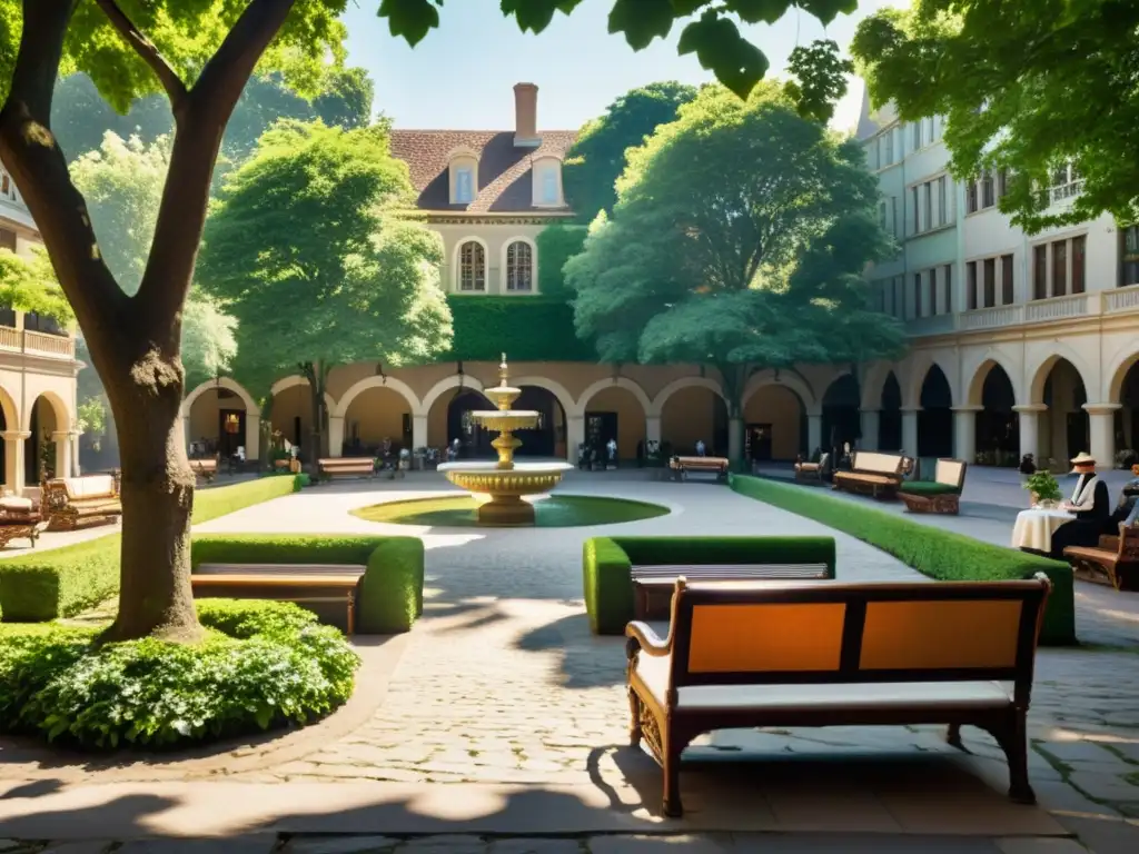 Una plaza urbana en el siglo XX, con elementos biofílicos incorporados, como bancos de hierro forjado y exuberantes jardines