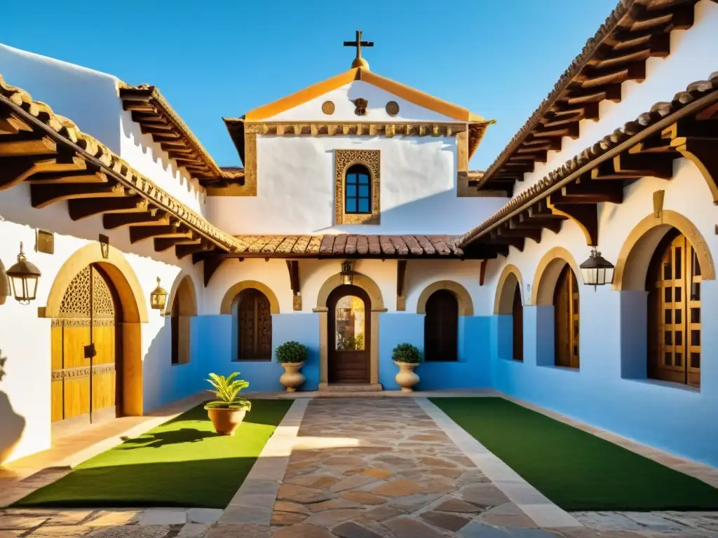 Posada medieval con detalles arquitectónicos y un patio acogedor en un entorno campestre