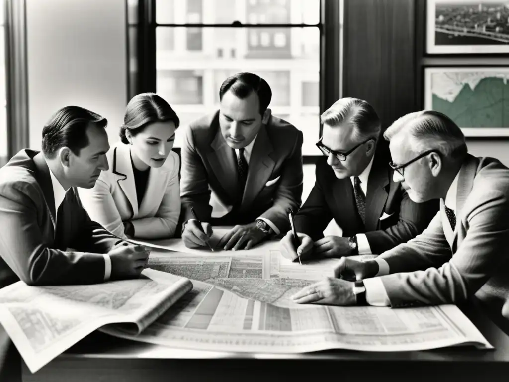 Profesionales planificando estrategias de adaptación del urbanismo al cambio climático, en discusión alrededor de mapas y planos vintage