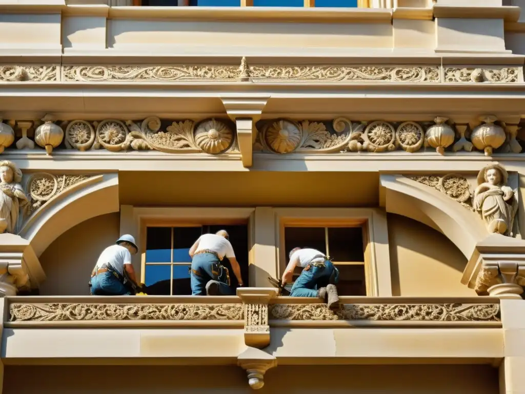 Profesionales de la conservación patrimonial restaurando detalles arquitectónicos en un edificio histórico