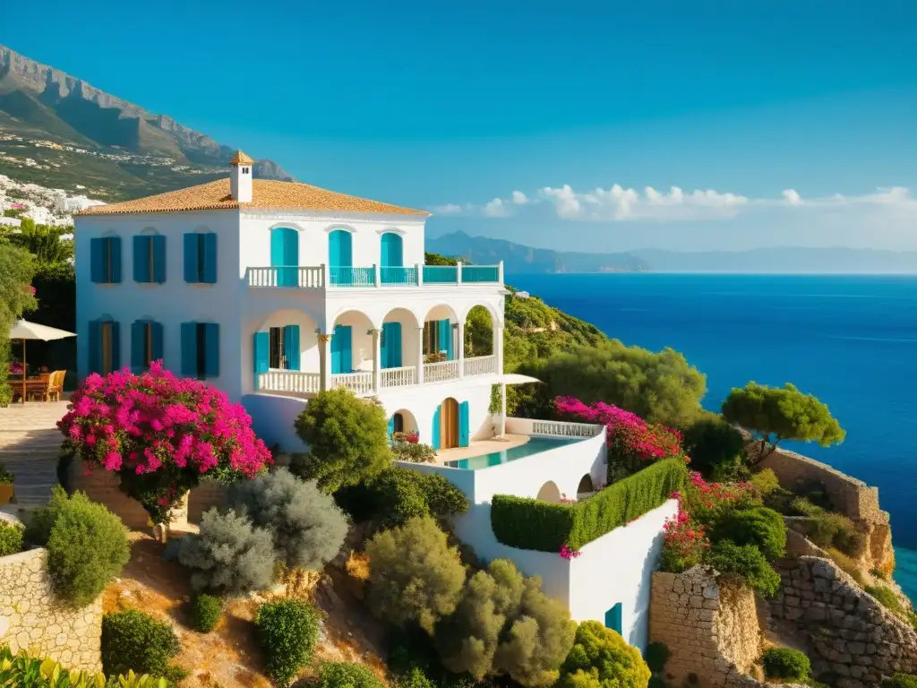 Adquirir propiedad estilo mediterráneo: Villa blanca en acantilado mediterráneo, rodeada de exuberante vegetación y con vista al mar turquesa