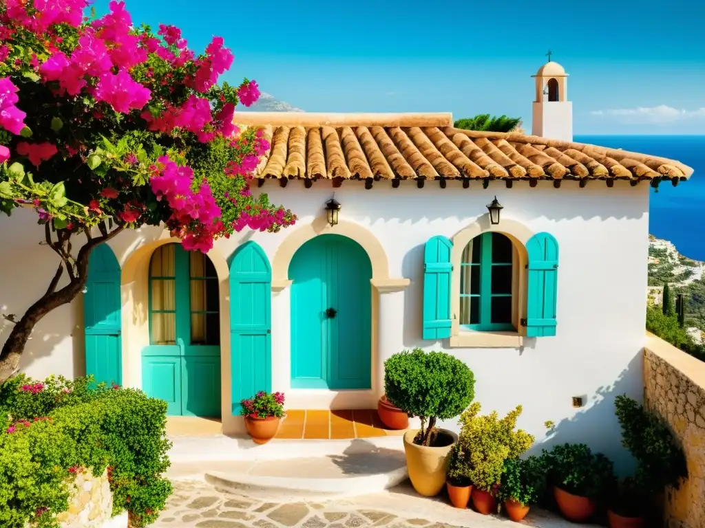 Adquirir propiedad estilo mediterráneo: encantadora villa mediterránea con paredes blancas, tejas terracota y bougainvillea en un soleado ladera, con vista al mar turquesa