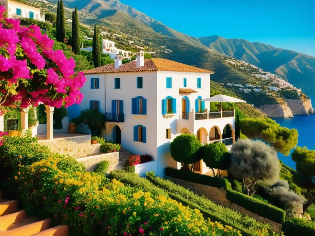 Adquirir propiedad estilo mediterráneo en encantadora villa con terrazas, bougainvillea y vistas al mar, evocando elegancia y tranquilidad