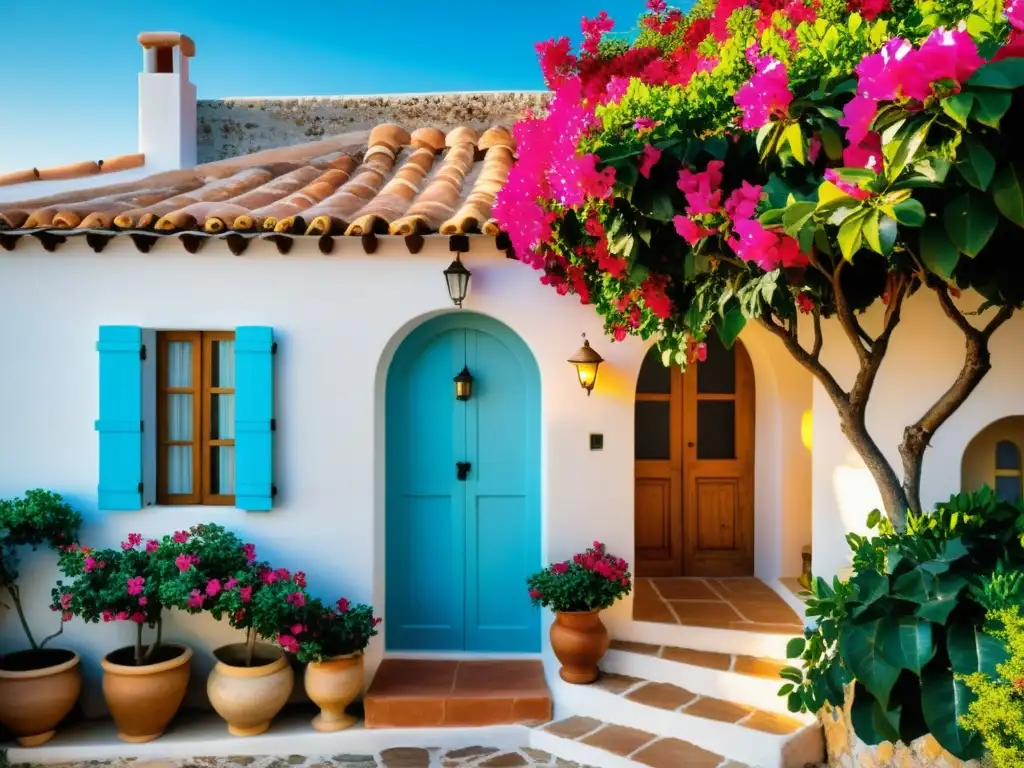 Adquirir propiedad estilo mediterráneo: Encantadora villa costera con terracota, bougainvillea y vistas al mar, bañada por cálida luz mediterránea