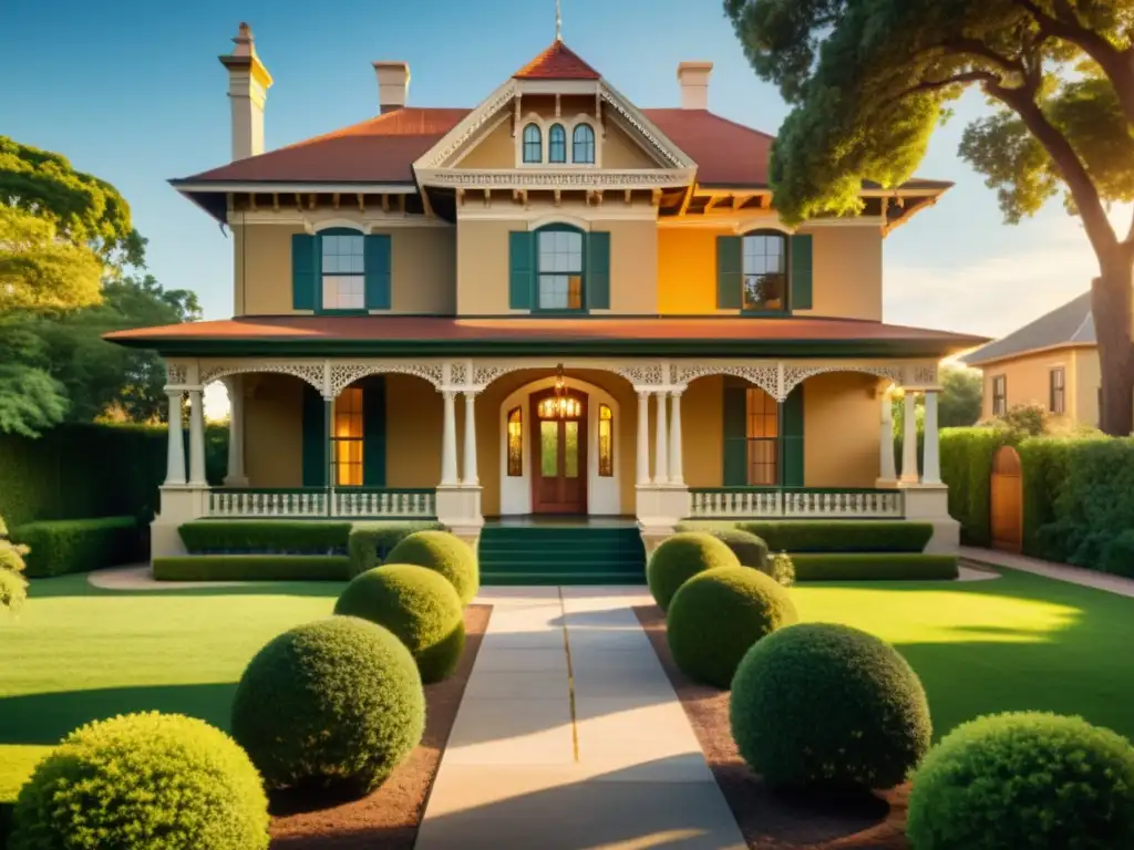 Invertir en propiedades históricas rentables: Fotografía de una propiedad histórica bellamente restaurada, con detalles arquitectónicos ornamentados y exuberante paisajismo, bañada en cálida luz dorada