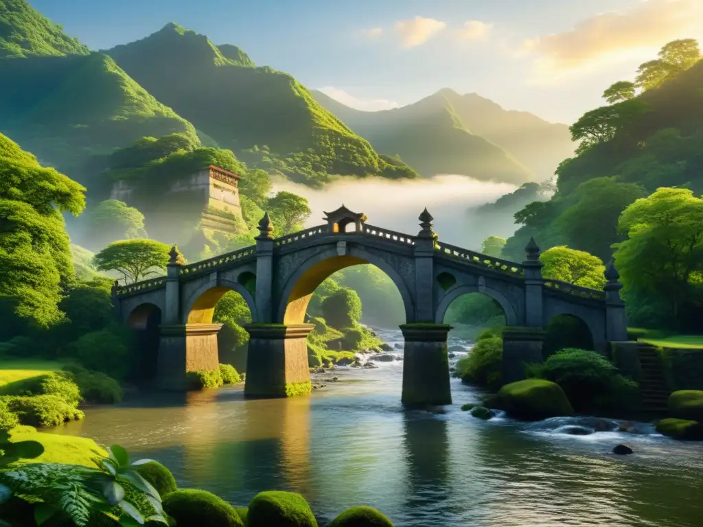 Un puente de piedra antiguo en China, rodeado de naturaleza exuberante y montañas neblinosas al atardecer