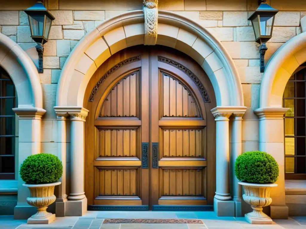 Una puerta de madera tallada con detalle en un arco de piedra, evocando revestimientos exclusivos para arquitectura histórica