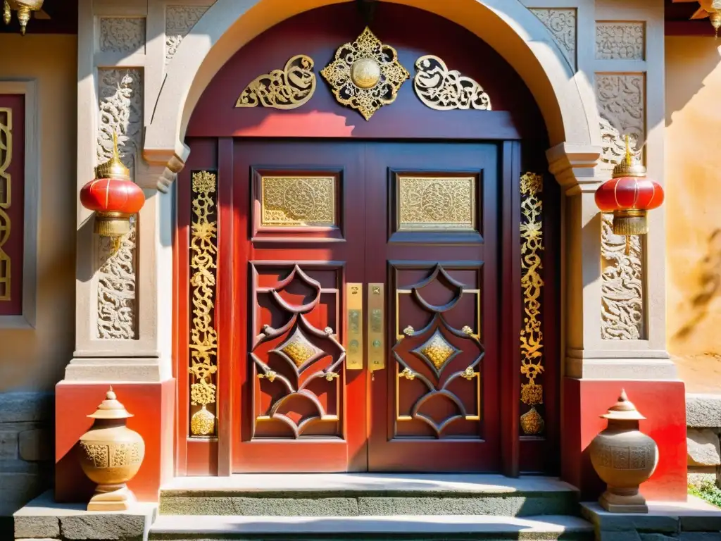 Una puerta de madera tallada con motivos caligráficos en rojo y dorado, iluminada por el sol