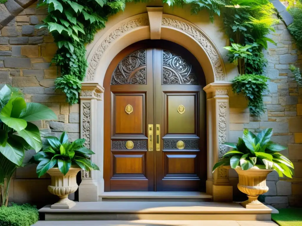 Una puerta vintage de madera con detallados grabados y ornamentos metálicos, rodeada de exuberante vegetación y bañada por cálida luz solar