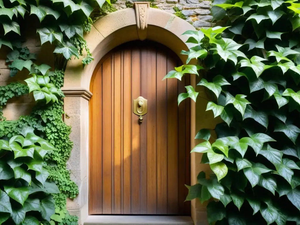 Una puerta vintage ornamentada rodeada de hiedra, bañada por cálida luz solar