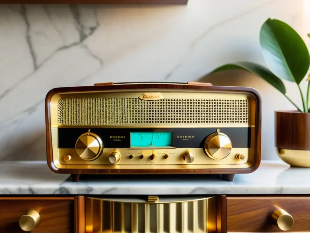 Una radio vintage elegante con detalles de latón en un ambiente acogedor