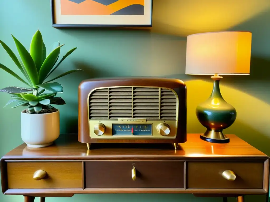 Un radio vintage de madera y detalles de latón en una cómoda de mediados de siglo, rodeado de suculentas y libros antiguos