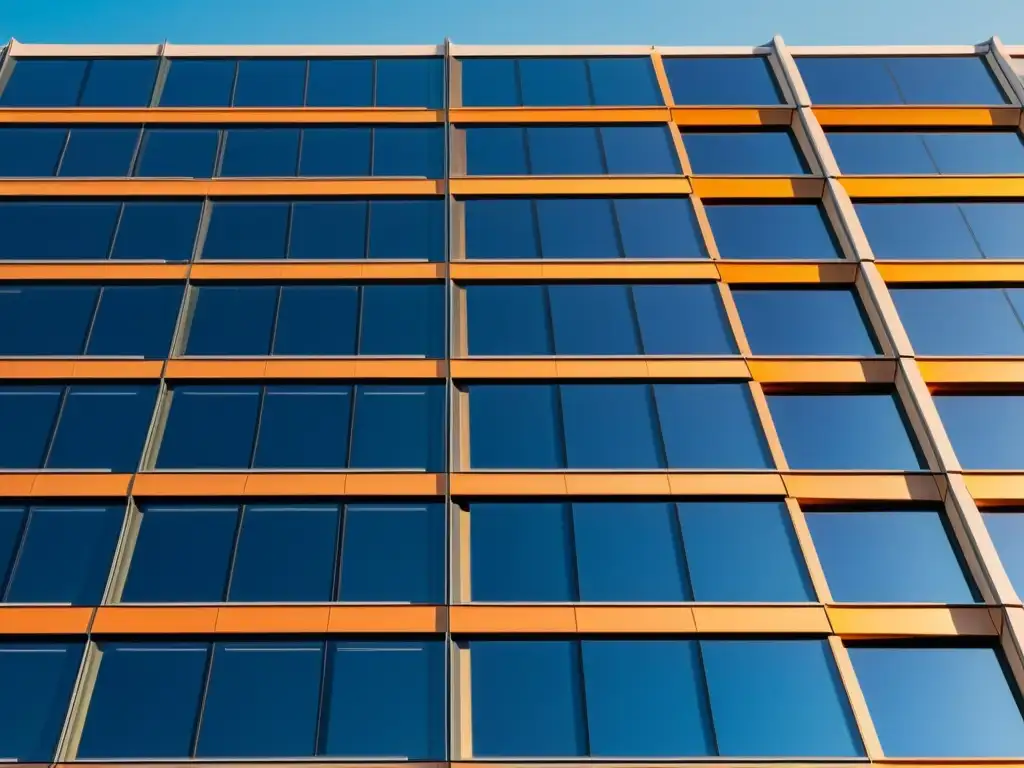 Un rascacielos moderno con paneles solares integrados en la fachada, reflejando la cálida luz del sol poniente