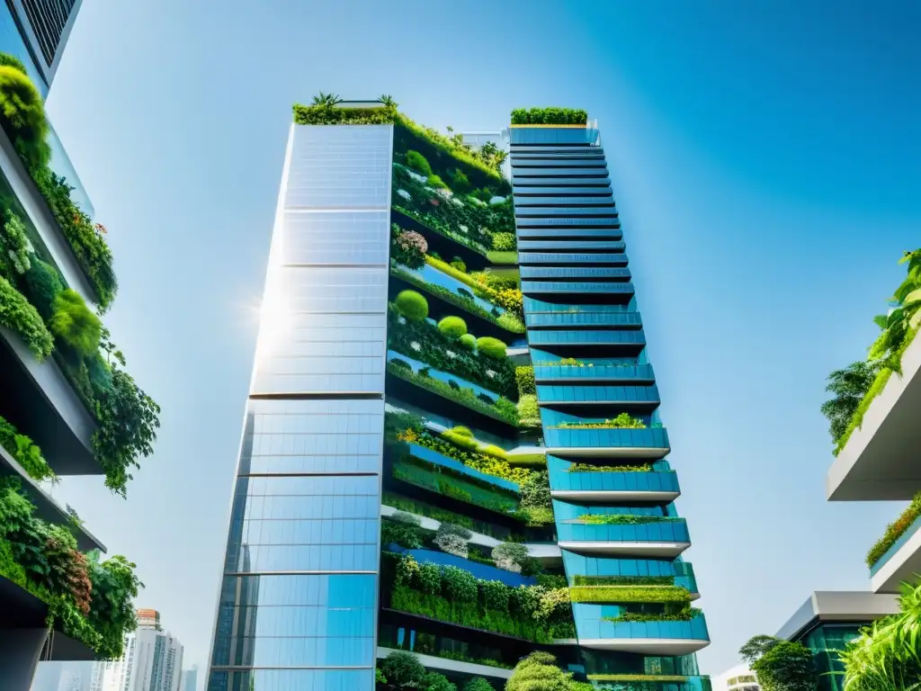 Un rascacielos ultramoderno en Asia con diseño elegante, jardín en la azotea, paneles solares y jardín vertical