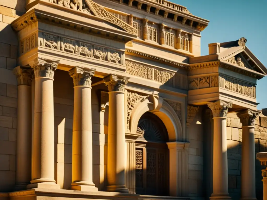 Realidad aumentada en arquitectura histórica: Detalles ornamentales y sombras dramáticas en un sitio histórico antiguo evocan misterio y grandiosidad