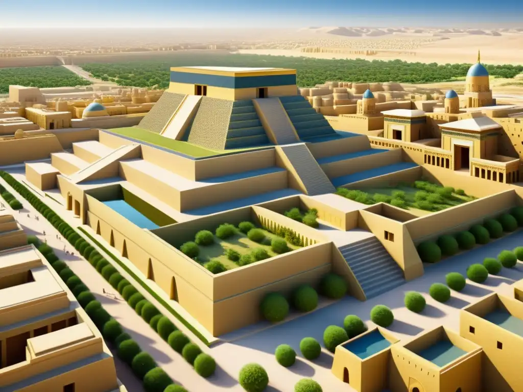 Reconstrucción detallada de la antigua ciudad de Babilonia, mostrando la transformación arquitectónica Mesopotamia de templos simples a grandiosos palacios