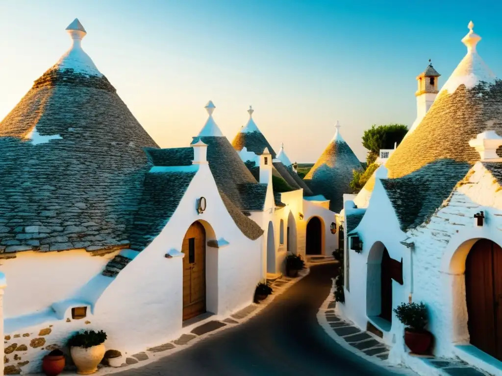 Recorrido por la arquitectura tradicional de pueblos europeos: encanto vintage de los trulli en Alberobello, Italia, bañados por la cálida luz del sol