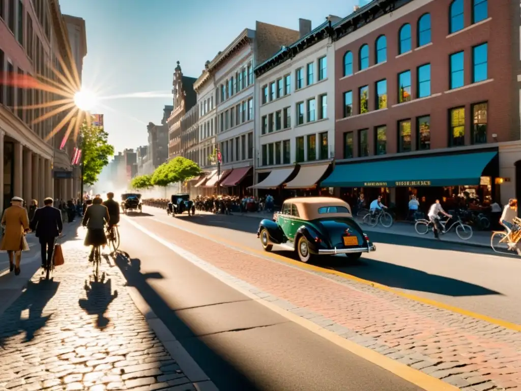 'Rediseño de calles para vida urbana: Una bulliciosa calle de la ciudad llena de vida, con edificios encantadores y tiendas vibrantes