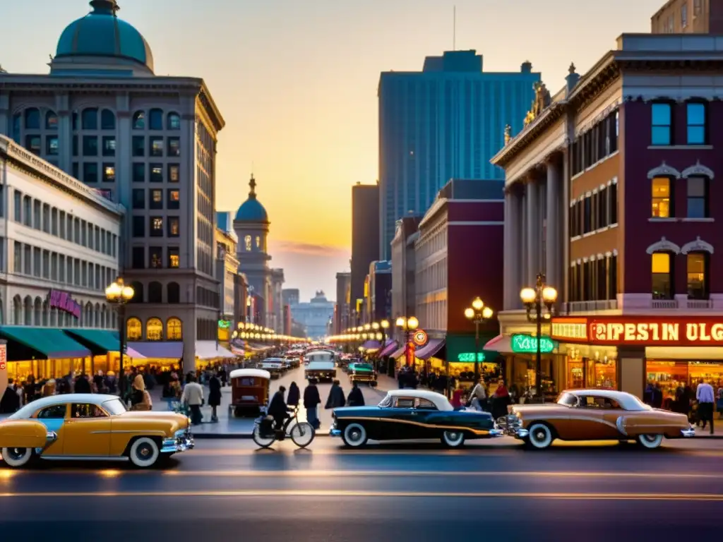 Rediseño de calles para vida urbana: Una bulliciosa calle de la ciudad llena de vida, con peatones, ciclistas y autos antiguos, rodeada de edificios ornamentados y anuncios vintage